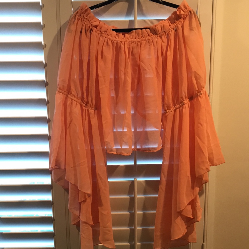 *NWT* Myth Clothing cropped, sheer, flare-sleeve peasant top w/ wrap-style back